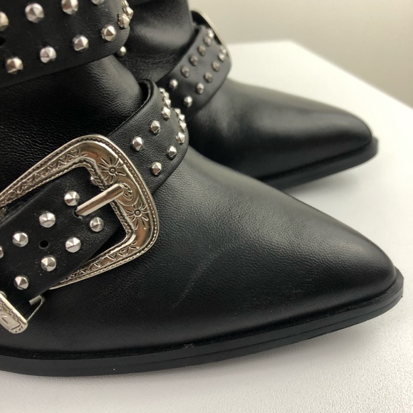 Steve Madden Comet Studded Buckle Pointed Black Leather Heel Boots Size 6 - Picture 5 of 15